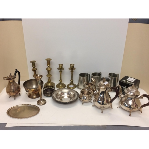 16 - Sterling silver trumpet vase and a large collection of silver plated and pewter ware, 2 pairs of bra... 