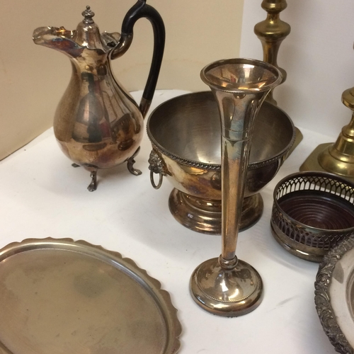 16 - Sterling silver trumpet vase and a large collection of silver plated and pewter ware, 2 pairs of bra... 