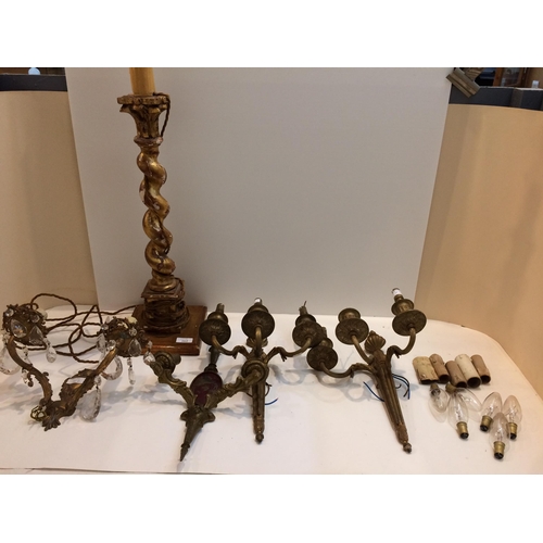 162 - Quantity of lighting - pair 3 brach gilt metal wall sconces and one with lustres, and a large turned... 