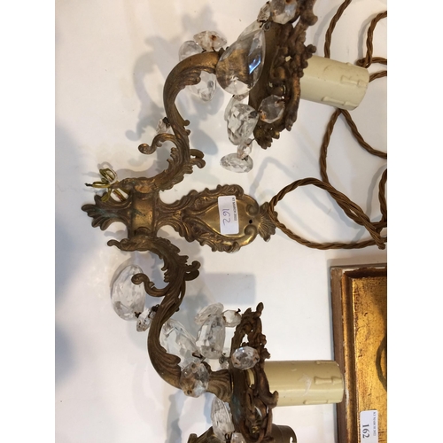 162 - Quantity of lighting - pair 3 brach gilt metal wall sconces and one with lustres, and a large turned... 