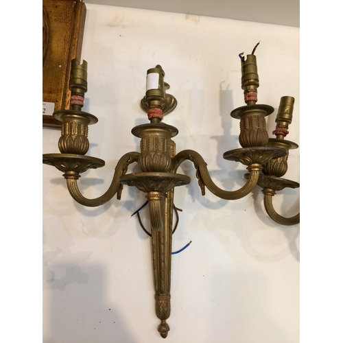 162 - Quantity of lighting - pair 3 brach gilt metal wall sconces and one with lustres, and a large turned... 