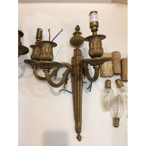 162 - Quantity of lighting - pair 3 brach gilt metal wall sconces and one with lustres, and a large turned... 