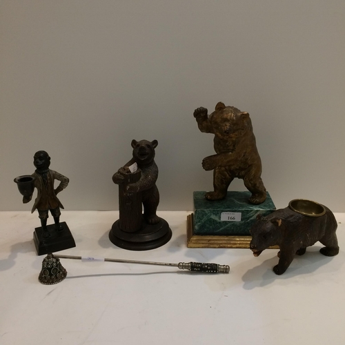 166 - Two C20th carved Black Forrest bears, (one with some wear and ear off), gilt bear on a faux malachit... 