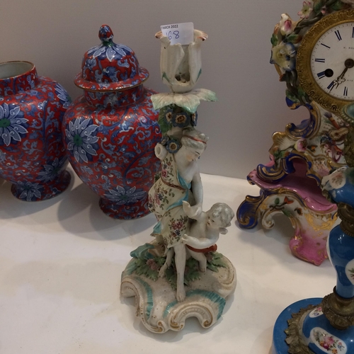 168 - Quantity of ceramics to include French ceramic mantle clock with matching stand, 2 cream candlestick... 