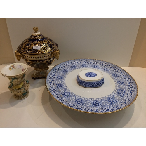 169 - Large ceramic lazy Suzanne with blue printed repeating design, and a Meissen style vase and a Sevre ... 