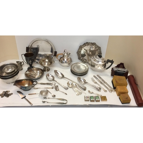 17 - Quantity of silver plated wares to include tea set, spoons, Danish circular tray, some modern orient... 