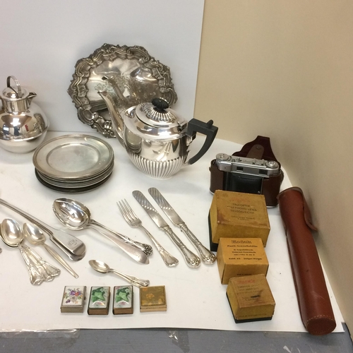 17 - Quantity of silver plated wares to include tea set, spoons, Danish circular tray, some modern orient... 