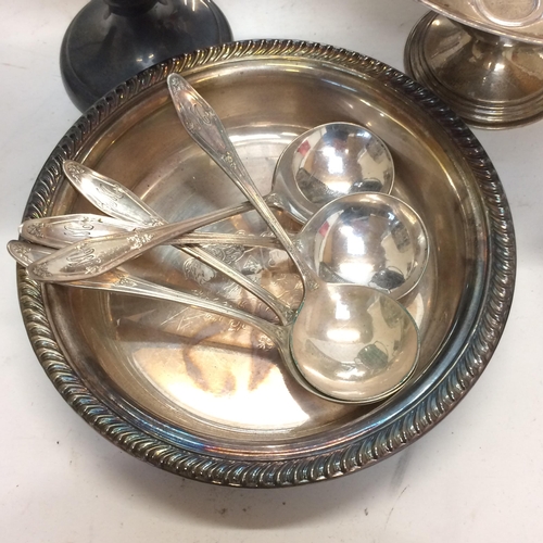 17 - Quantity of silver plated wares to include tea set, spoons, Danish circular tray, some modern orient... 