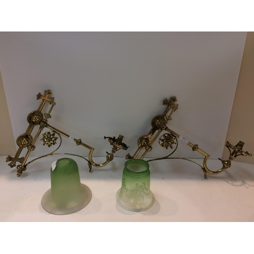 185 - Ecclesiastical gilt brass wall sconces with frosted green glass shades