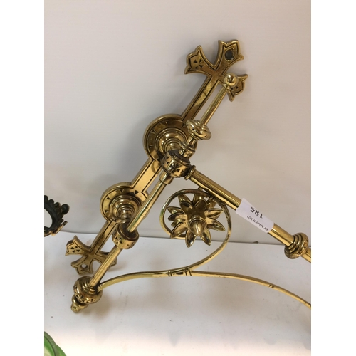 185 - Ecclesiastical gilt brass wall sconces with frosted green glass shades