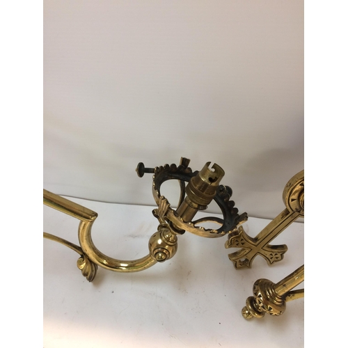 185 - Ecclesiastical gilt brass wall sconces with frosted green glass shades