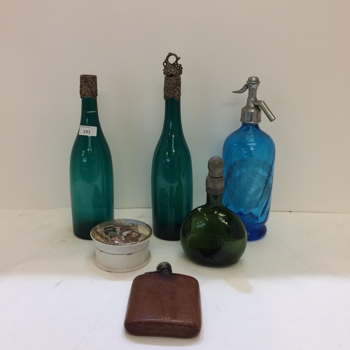 191 - Prattware pot, leather clad hip flask not hallmarked, C20th soda syphon and some metal topped glassw... 