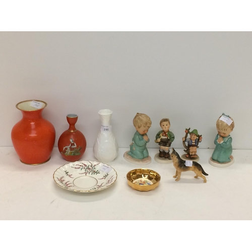 195 - Quantity of mixed ceramics, W German figures, Wedgwood vase and Worcester model of an Alsatian