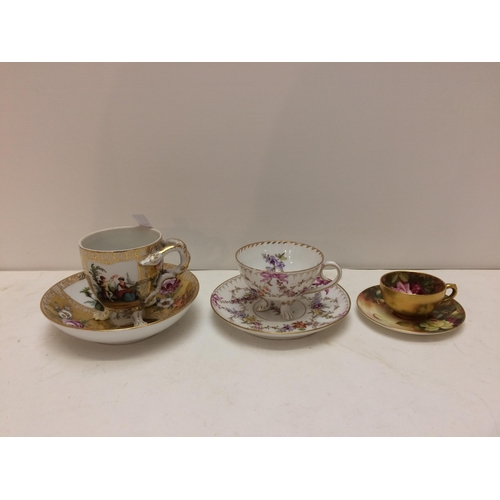 218 - Royal Worcester hand painted cabinet cup, and two continental C19th hand painted footed cups and sau... 