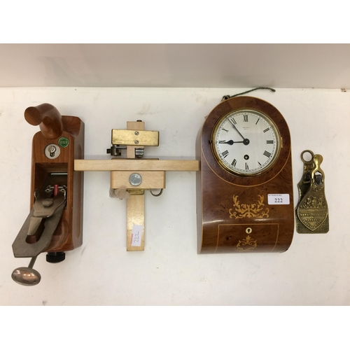 222 - Prestons & Co Bolton walnut and line inlaid wall clock, 2 lathes, brass clip  and lamp