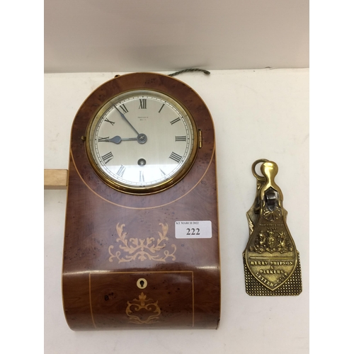 222 - Prestons & Co Bolton walnut and line inlaid wall clock, 2 lathes, brass clip  and lamp