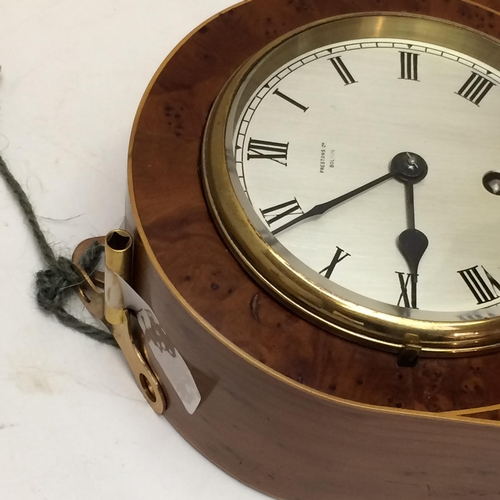 222 - Prestons & Co Bolton walnut and line inlaid wall clock, 2 lathes, brass clip  and lamp