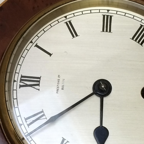 222 - Prestons & Co Bolton walnut and line inlaid wall clock, 2 lathes, brass clip  and lamp