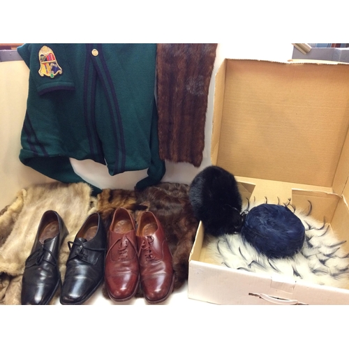 224 - Four mink furs stoles in used condition; and a feather hat, 1980s Italian cardigan and Vintage shoes... 