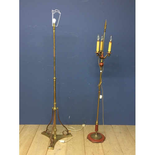 239 - Two standing lamps, one single heavy 165cm, one 3 branch possible brass and red enamel, 172cmH