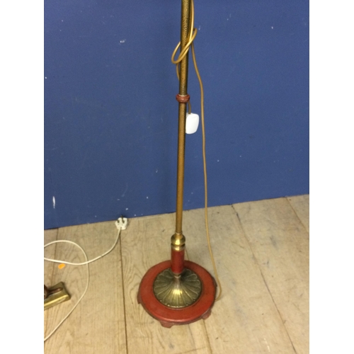 239 - Two standing lamps, one single heavy 165cm, one 3 branch possible brass and red enamel, 172cmH