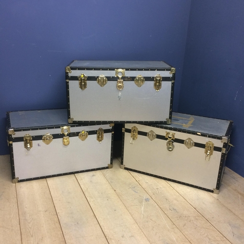 247 - 3 metal storage trunks 91cm W x 51cm D, two of them are 49cm H and one of them is 51cm H.