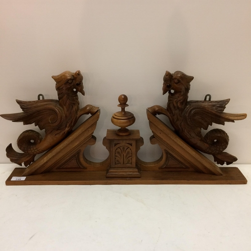 248 - Large European wooden hand carved wall hanging 70 x91cm, and wooden finial 29 x 63cm, carved with dr... 