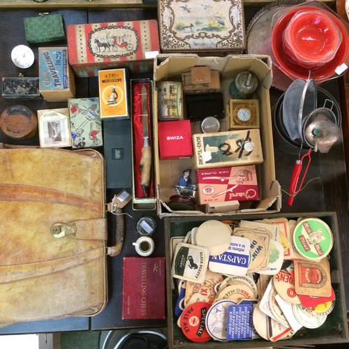 249 - Quantity of vintage interest  to include: Old Indian brass tray/table top,  beer mat, vintage bag, t... 