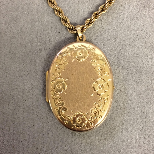 25 - 9 ct gold rope twist necklace with a 9ct gold oval picture locket with engraved decoration 12g