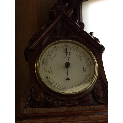 255 - 3 Barometers - a stick barometer, and an oak framed wall barometer, and an oak framed barometer on w... 