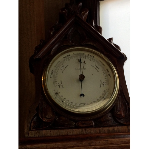 255 - 3 Barometers - a stick barometer, and an oak framed wall barometer, and an oak framed barometer on w... 