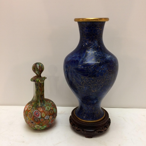 257 - Blue and gilt cloisonne vase, and a pretty millefleur glass bottle and stopper