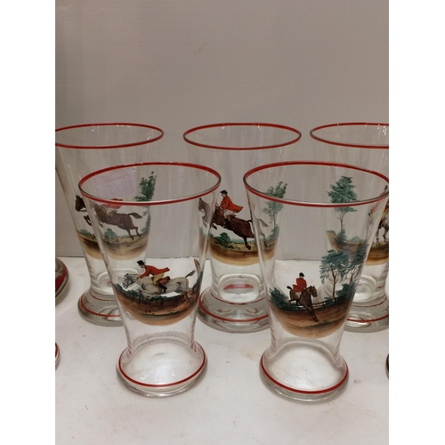 265 - A vintage, decorative hunting themed glass set comprising a tall lemonade jug, a wide Pimm's jug and... 