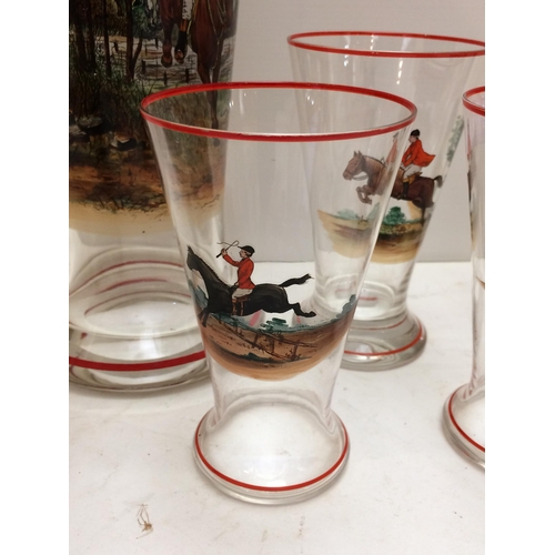 265 - A vintage, decorative hunting themed glass set comprising a tall lemonade jug, a wide Pimm's jug and... 