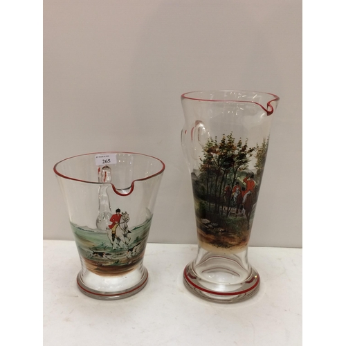 265 - A vintage, decorative hunting themed glass set comprising a tall lemonade jug, a wide Pimm's jug and... 