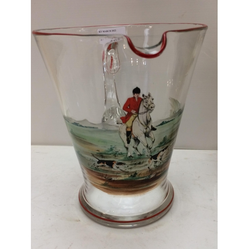 265 - A vintage, decorative hunting themed glass set comprising a tall lemonade jug, a wide Pimm's jug and... 