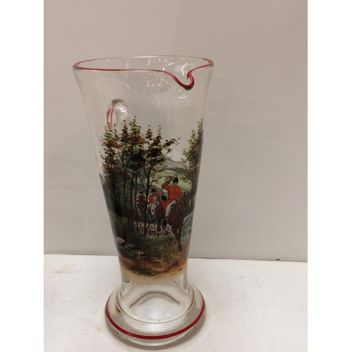 265 - A vintage, decorative hunting themed glass set comprising a tall lemonade jug, a wide Pimm's jug and... 