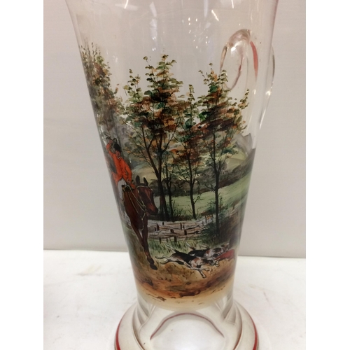 265 - A vintage, decorative hunting themed glass set comprising a tall lemonade jug, a wide Pimm's jug and... 