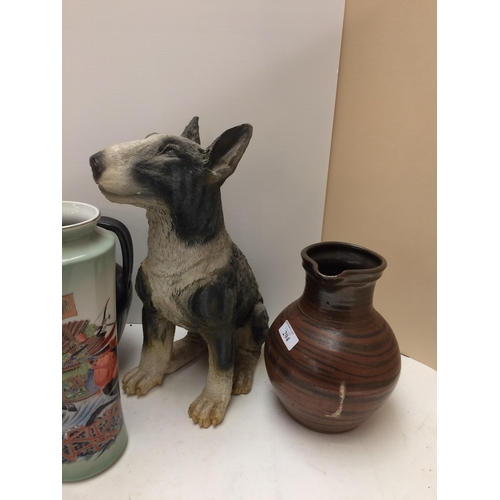 294 - Quantity of china to include pots, statue of a brindle English Bull terrier