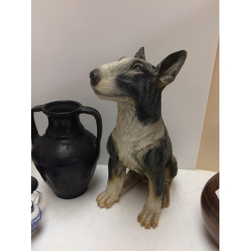 294 - Quantity of china to include pots, statue of a brindle English Bull terrier