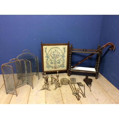 295 - Brasswares to include, firescreen, dogs, umbrella stand, walking sticks  etc