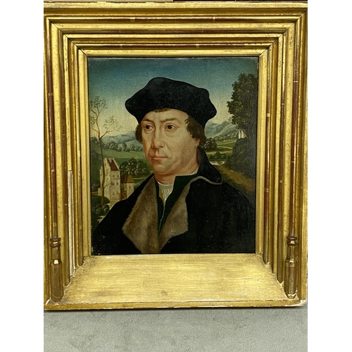 298 - After Hans Memling (c1433-1494) Dutch school, oil on board of a gentleman in period clothing in gilt... 