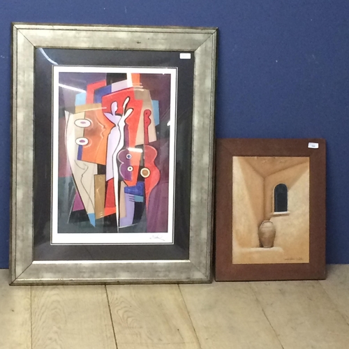 300 - Abstract framed and glazed picture in the Picasso style and an acrylic on canvas, still life scene