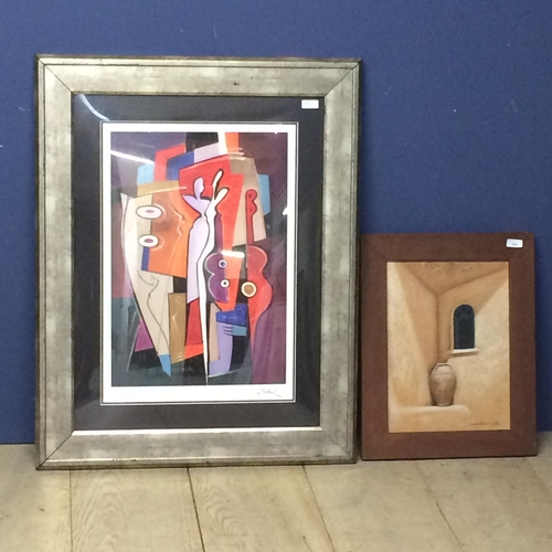 300 - Abstract framed and glazed picture in the Picasso style and an acrylic on canvas, still life scene