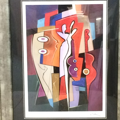 300 - Abstract framed and glazed picture in the Picasso style and an acrylic on canvas, still life scene