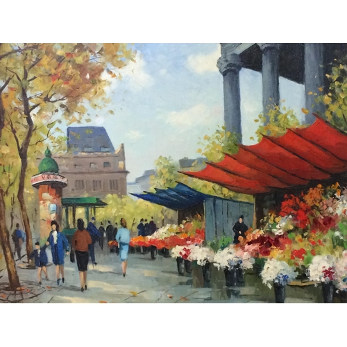 308 - A light coloured framed colourful Parisian street market scene of a flower stall, marked verso 