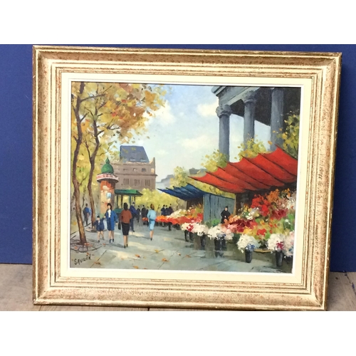 308 - A light coloured framed colourful Parisian street market scene of a flower stall, marked verso 