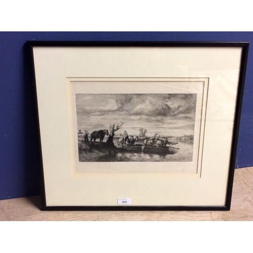 309 - Framed and glazed black and white lithograph, marked verso 