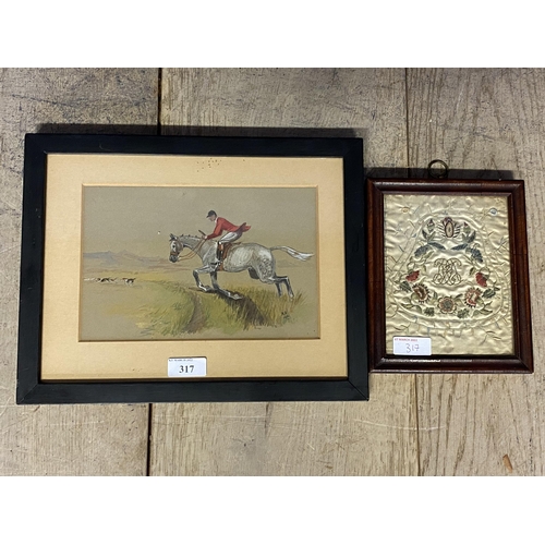 317 - Small framed and glazed coloured drawing of huntsman and hounds, and a small framed and glazed tapes... 