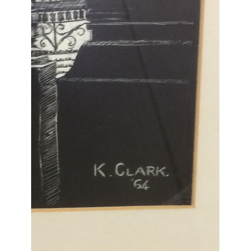 324 - K Clarke, Two Sgraffito Works of Art, Dragon Boat Festival and Budhist Temple, Signed and dated c 19... 